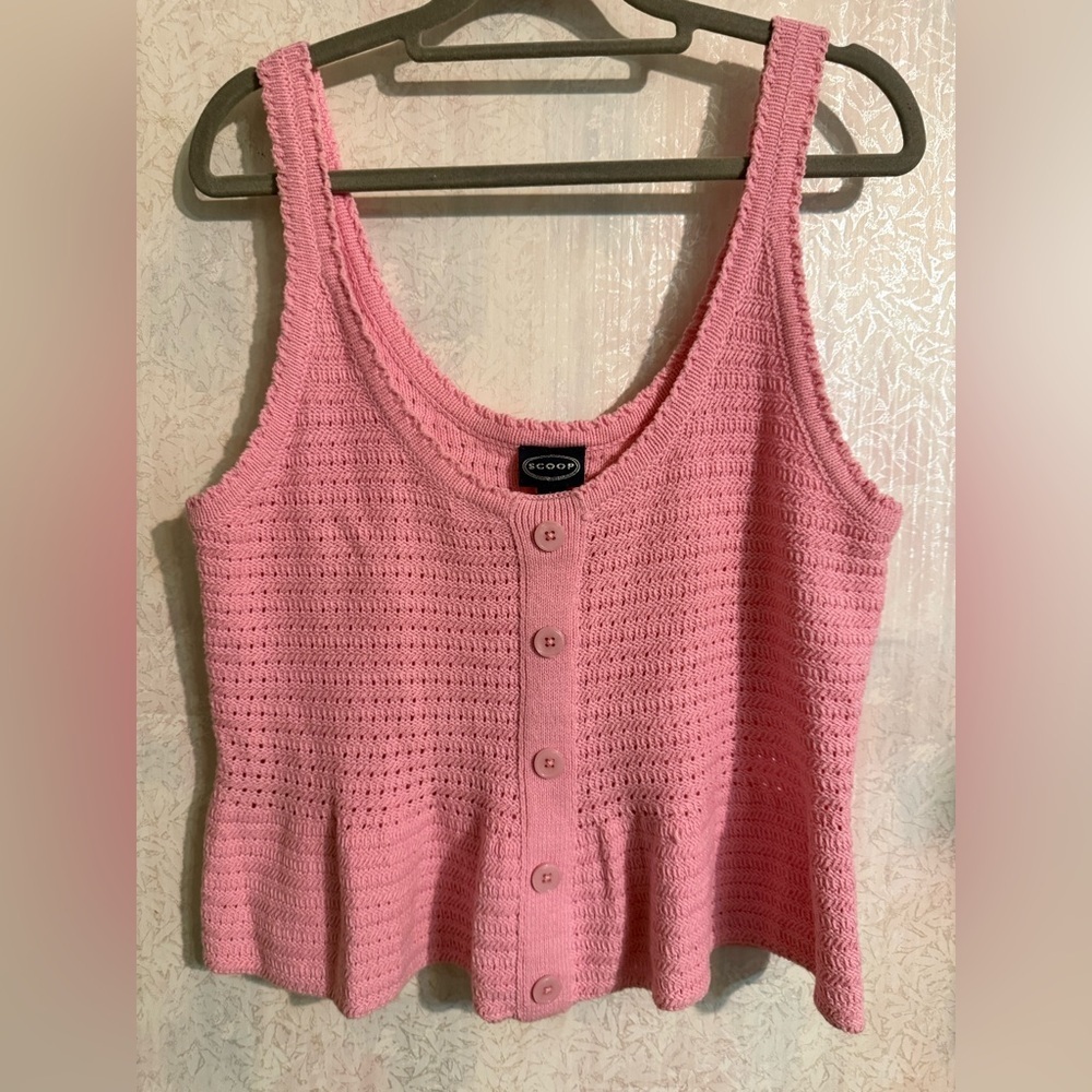 Scoop Women's Pink, Button Detailed Front, Knit Tank Top, Beach, Feminine Sz Lg